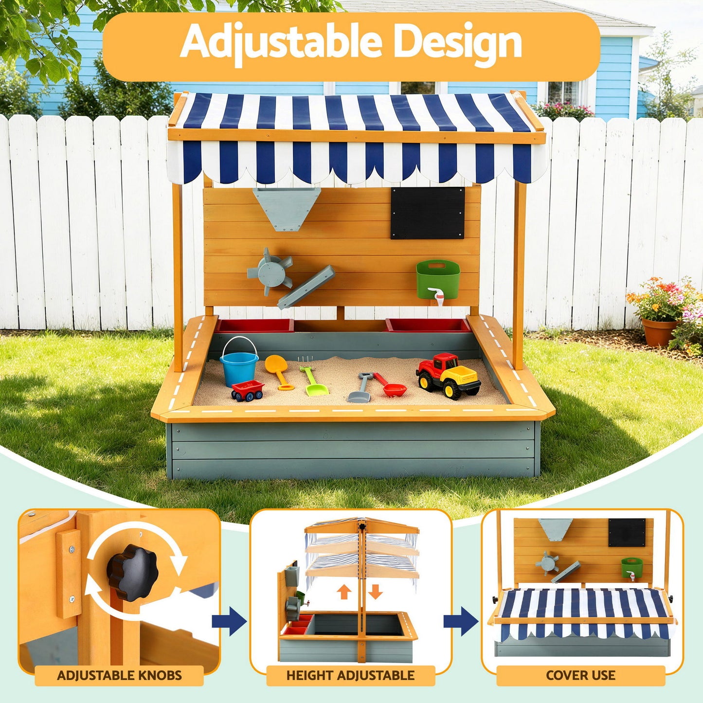 KEEZI KIDS 110CM WOODEN SANDBOX WITH CANOPY