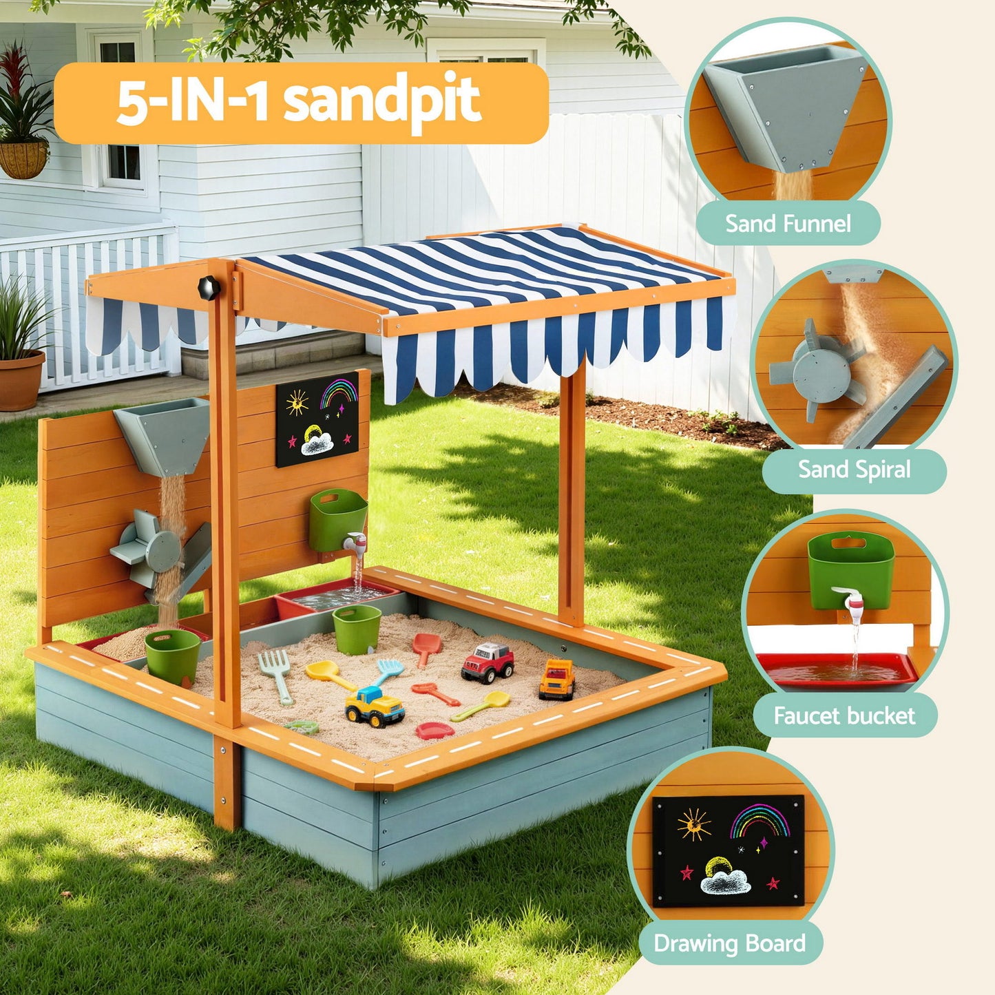 KEEZI KIDS 110CM WOODEN SANDBOX WITH CANOPY